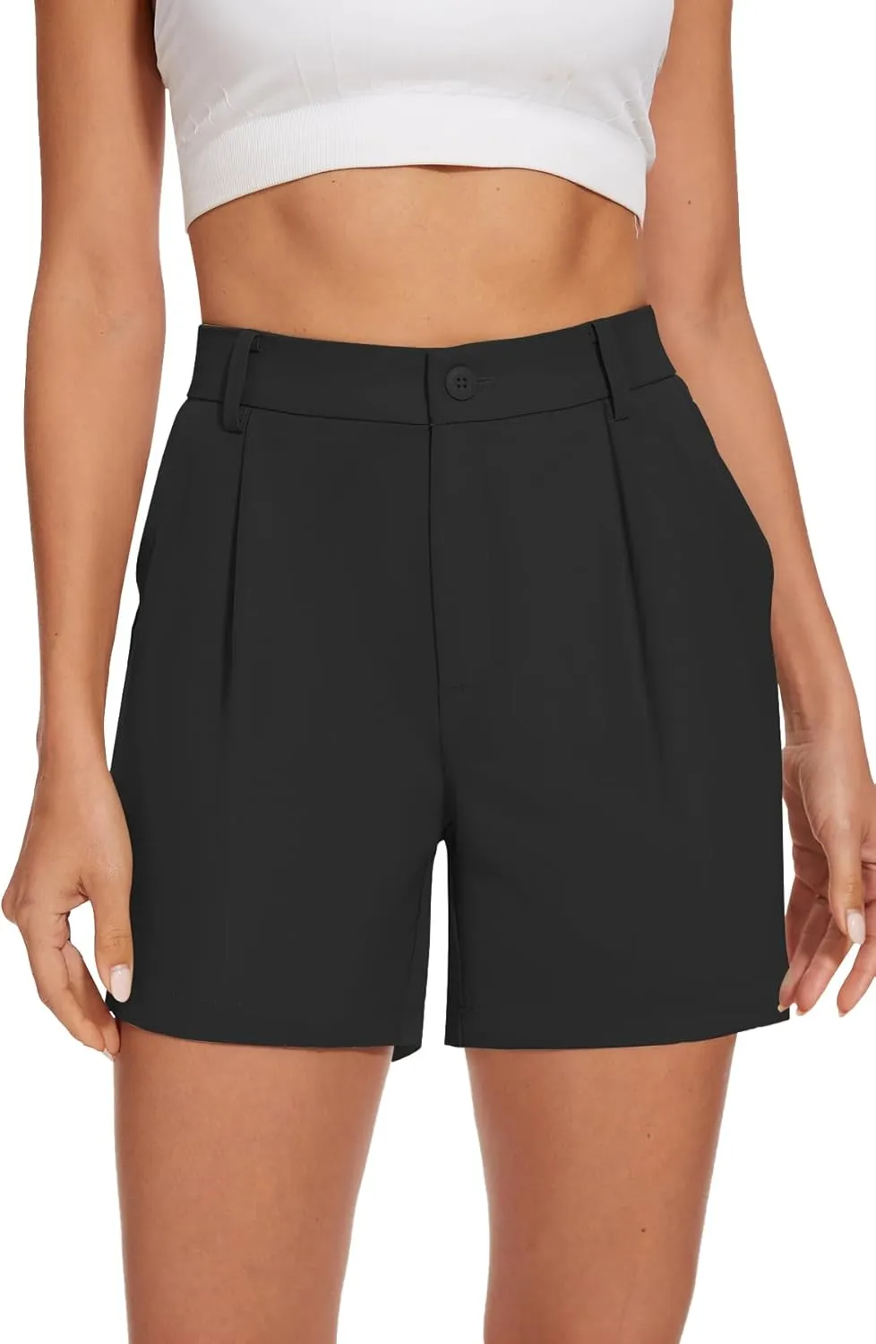SMENG Women's Dressy Casual Shorts High Waisted 5inch Tailored Elastic Pleated Soft 2025 Trendy Summer Shorts Pockets