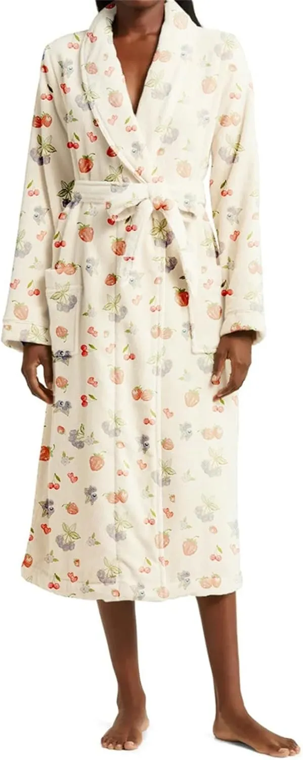 Soft Robe For Women,Floral Fruit Print Plush Collar Bathrobe Warm ounge Robe With Belt Plus Size Cute Bathroom Spa