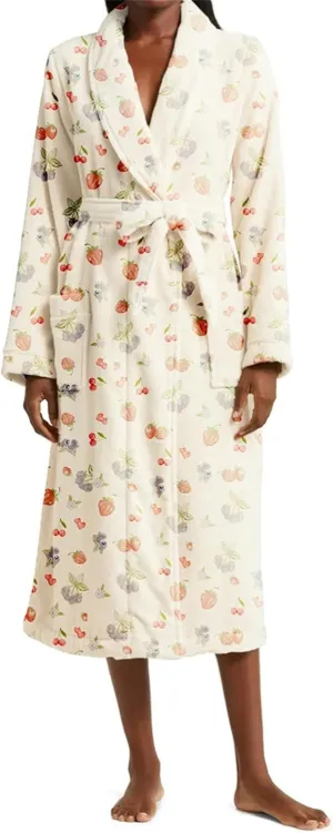 Soft Robe For Women,Floral Fruit Print Plush Collar Bathrobe Warm ounge Robe With Belt Plus Size Cute Bathroom Spa