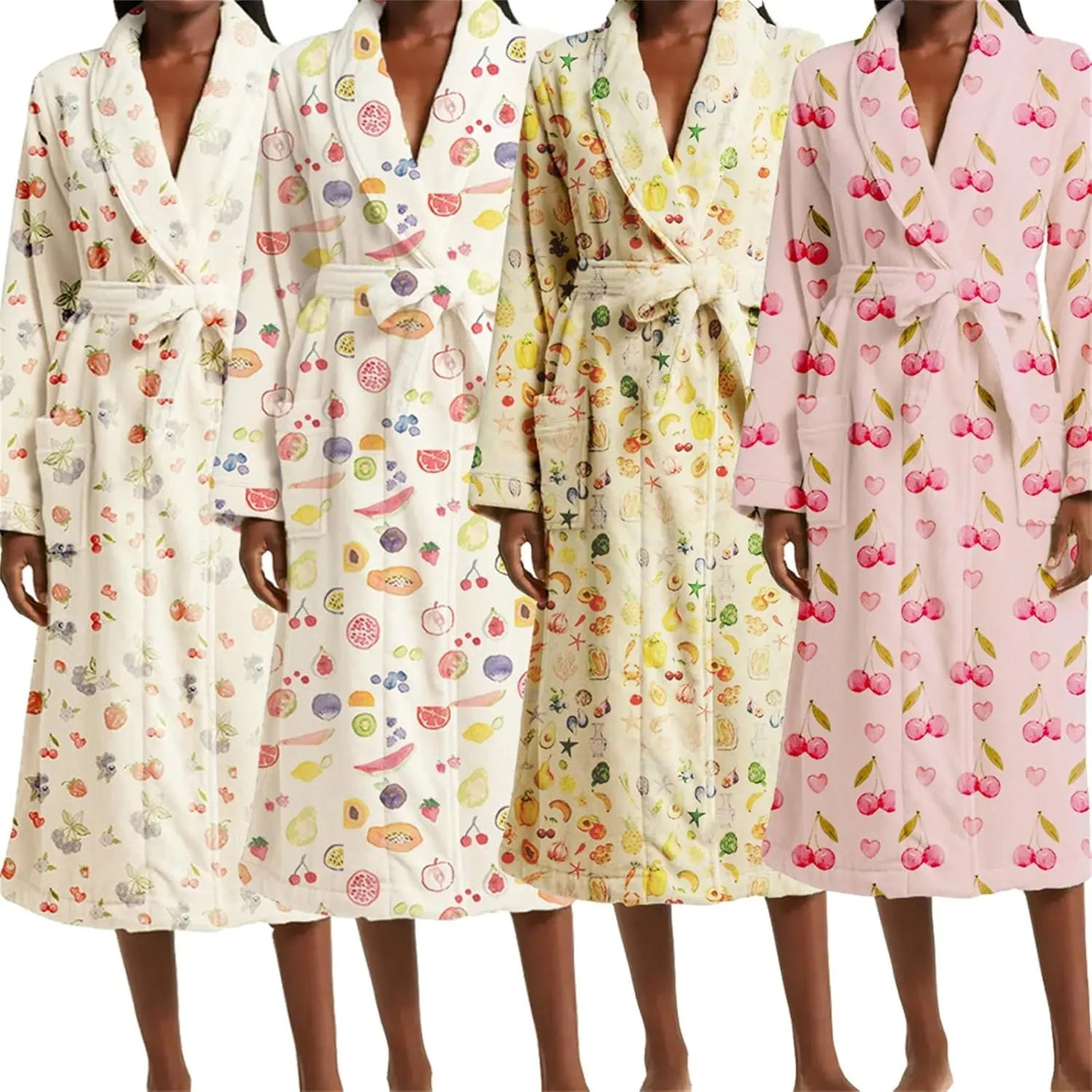 Soft Robe For Women,Floral Fruit Print Plush Collar Bathrobe Warm ounge Robe With Belt Plus Size Cute Bathroom Spa