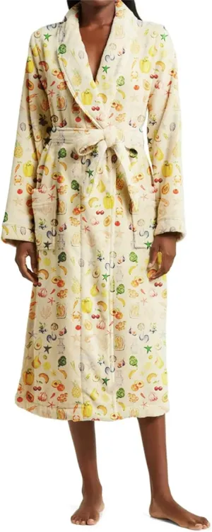 Soft Robe for Women,Floral Fruit Print Plush Collar Bathrobe Warm ounge Robe with Belt Plus Size Cute Housecoats