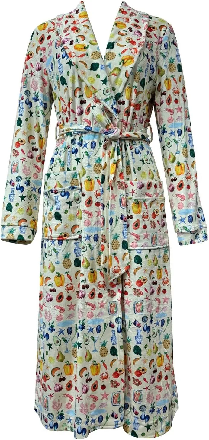 Soft Robe for Women,Floral Fruit Print Plush Collar Bathrobe Warm ounge Robe with Belt Plus Size Cute Housecoats