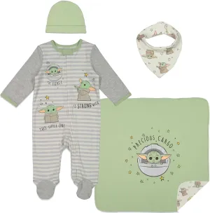 STAR WARS The Mandalorian The Child Zip Up Sleep N' Play Coverall Bib Blanket and Hat 4 Piece Outfit Set Newborn