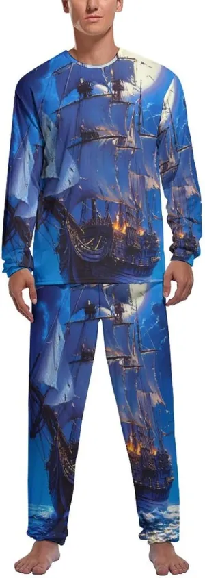 Steamship Moon Mens Pajamas Set Long Sleeves Sleepwear Loungewear PJ Set Lounge Set Sleep Set