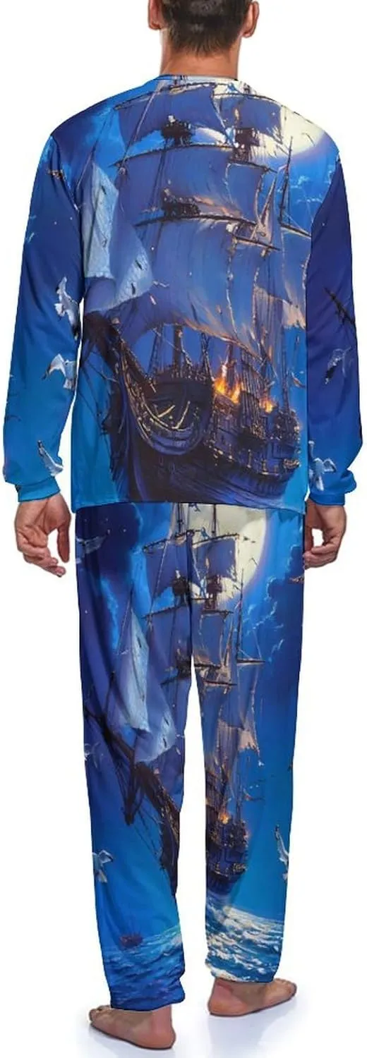 Steamship Moon Mens Pajamas Set Long Sleeves Sleepwear Loungewear PJ Set Lounge Set Sleep Set
