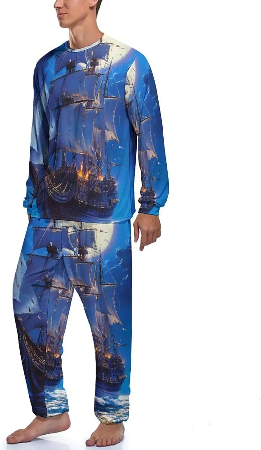 Steamship Moon Mens Pajamas Set Long Sleeves Sleepwear Loungewear PJ Set Lounge Set Sleep Set