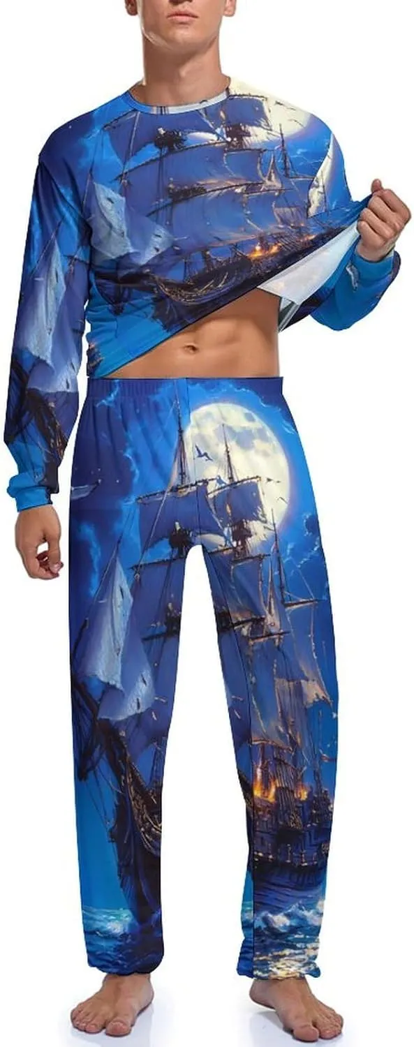 Steamship Moon Mens Pajamas Set Long Sleeves Sleepwear Loungewear PJ Set Lounge Set Sleep Set