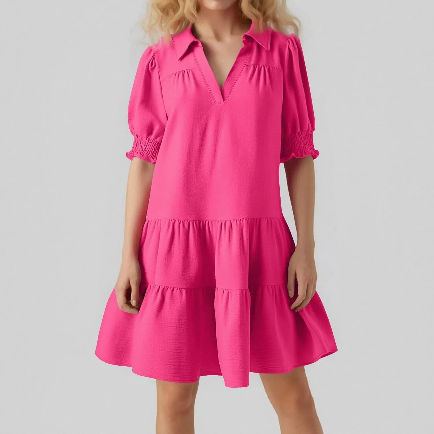 Summer Dresses for Women 2025 Casual Lapel Collared V Neck Mid Sleeved Pleated Midi Dresses Short Sleeve Solid Dresses