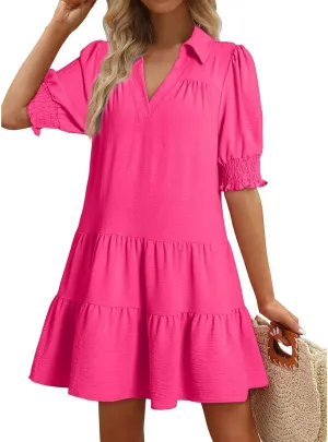 Summer Dresses for Women 2025 Casual Lapel Collared V Neck Mid Sleeved Pleated Midi Dresses Short Sleeve Solid Dresses