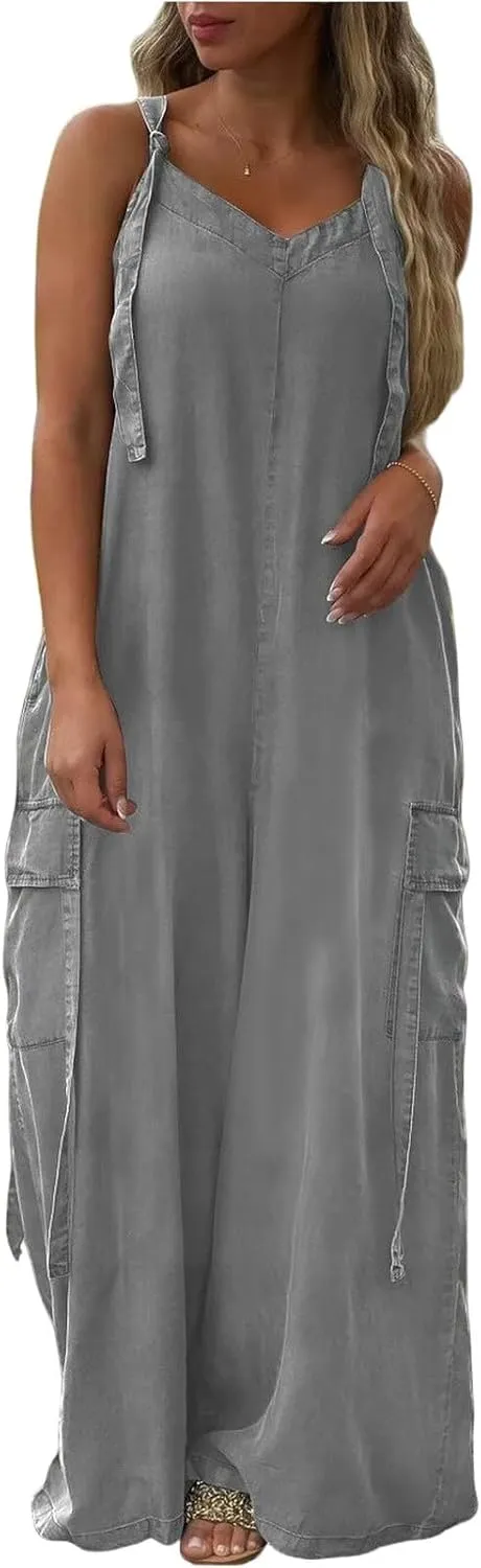 Summer Jumpsuits for Women 2025 Loose Fit Oversized Wide Leg Overalls Baggy Harem Palazzo Pants Rompers with Pockets
