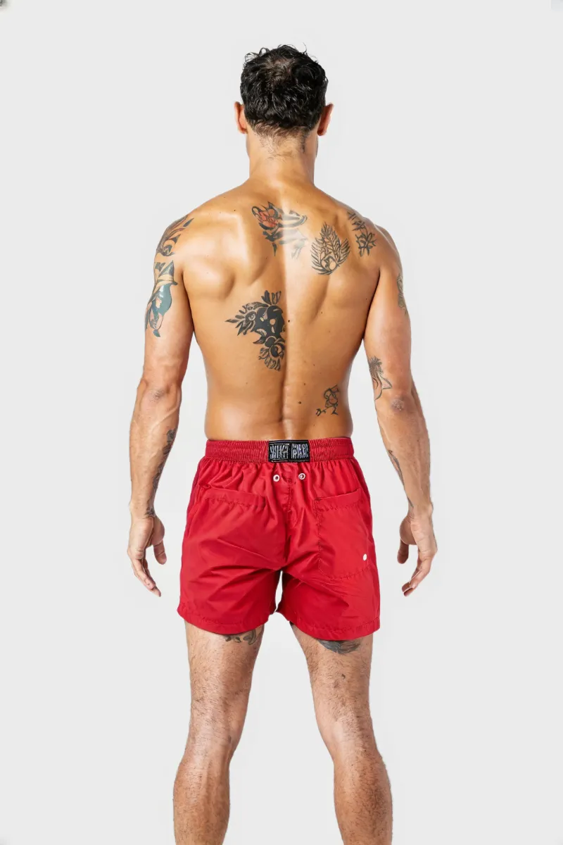 SWS25001 100% Polyester Men's Swim Shorts in Red and Matching Color Print