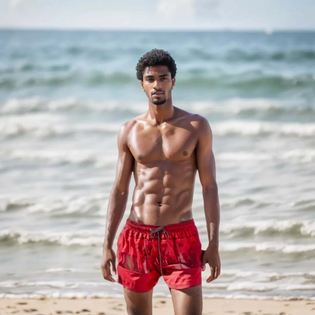 SWS25001 100% Polyester Men's Swim Shorts in Red and Matching Color Print