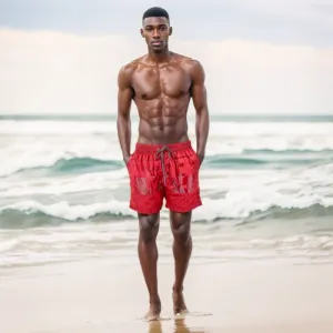 SWS25001 100% Polyester Men's Swim Shorts in Red and Matching Color Print