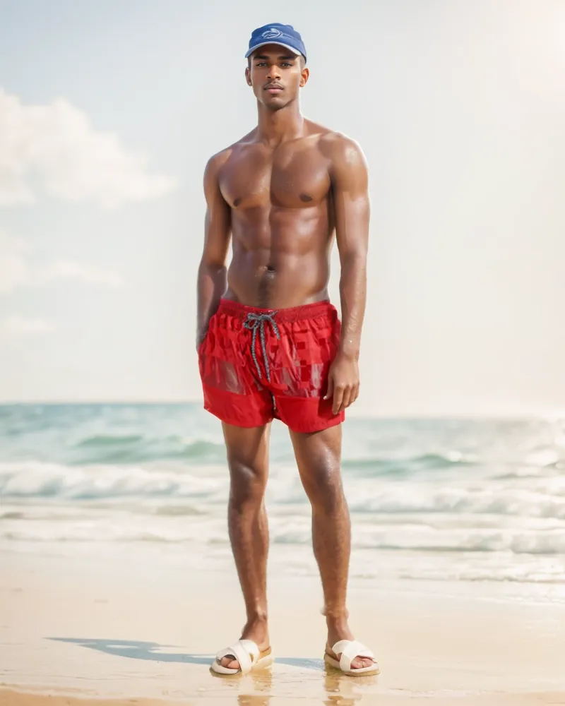 SWS25001 100% Polyester Men's Swim Shorts in Red and Matching Color Print
