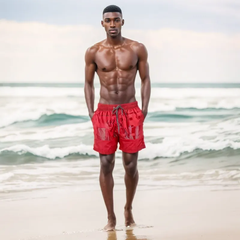 SWS25001 100% Polyester Men's Swim Shorts in Red and Matching Color Print