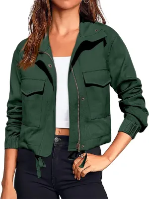Tankaneo Womens Casual Jackets Cropped Long Sleeve Zip Up Lightweight Coat with Pockets