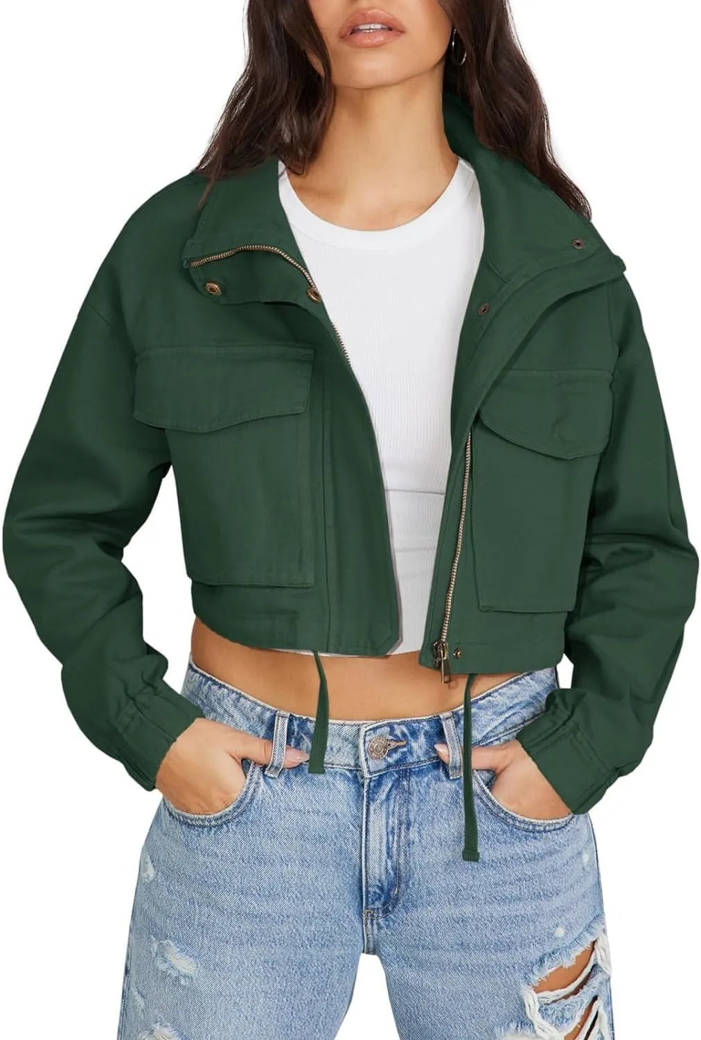 Tankaneo Womens Casual Jackets Cropped Long Sleeve Zip Up Lightweight Coat with Pockets