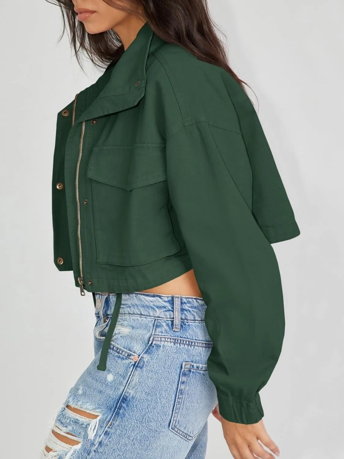 Tankaneo Womens Casual Jackets Cropped Long Sleeve Zip Up Lightweight Coat with Pockets