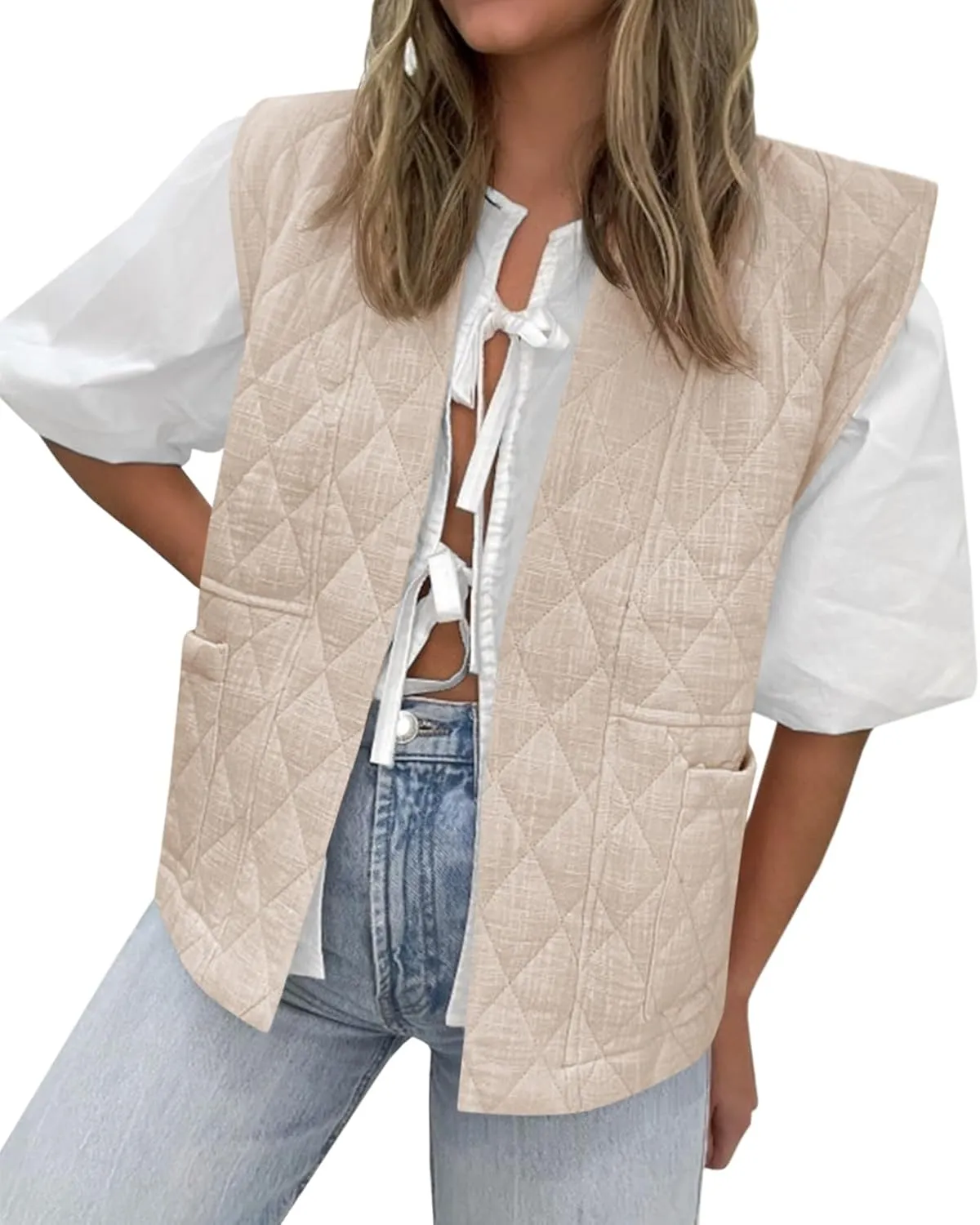 Tankaneo Womens Puffer Vest Sleeveless Open Front Quilted Jacket Lightweight Padded Gilet Coat with Pockets