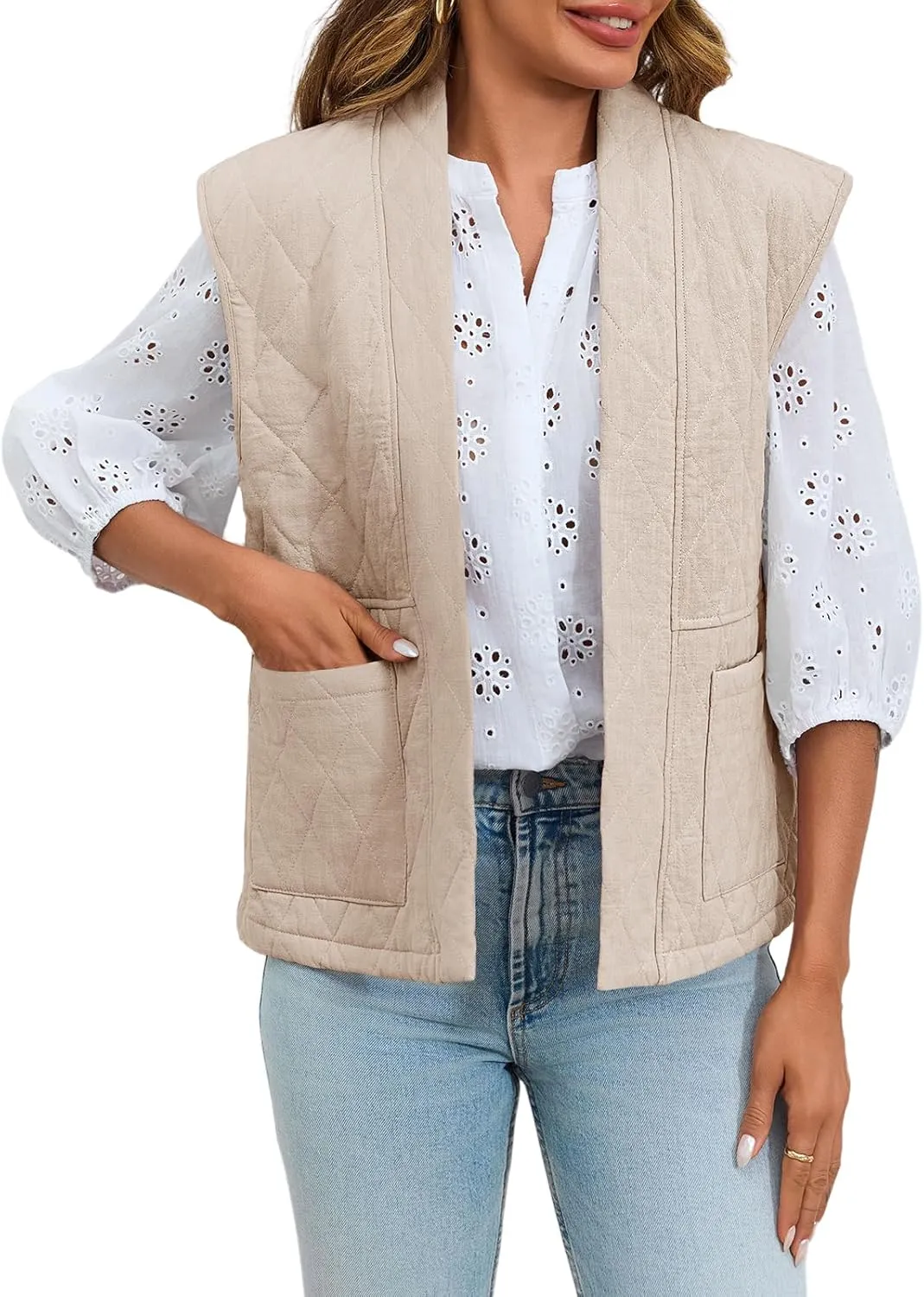 Tankaneo Womens Puffer Vest Sleeveless Open Front Quilted Jacket Lightweight Padded Gilet Coat with Pockets