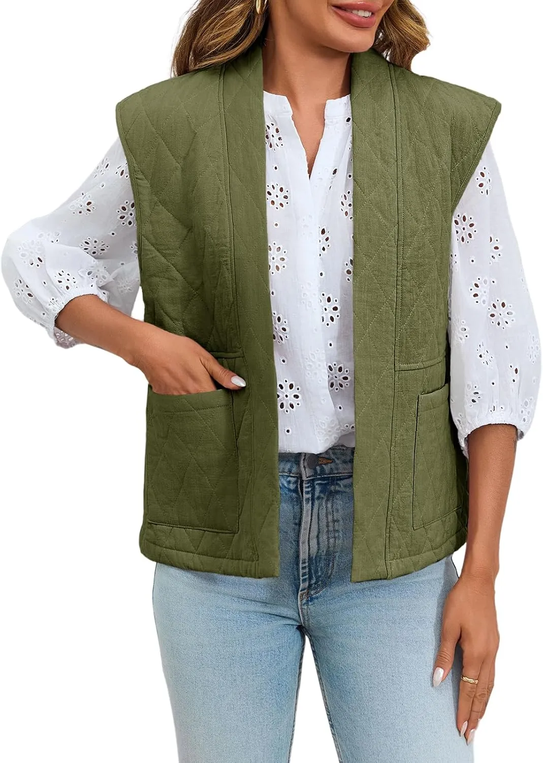 Tankaneo Womens Puffer Vest Sleeveless Open Front Quilted Jacket Lightweight Padded Gilet Coat with Pockets