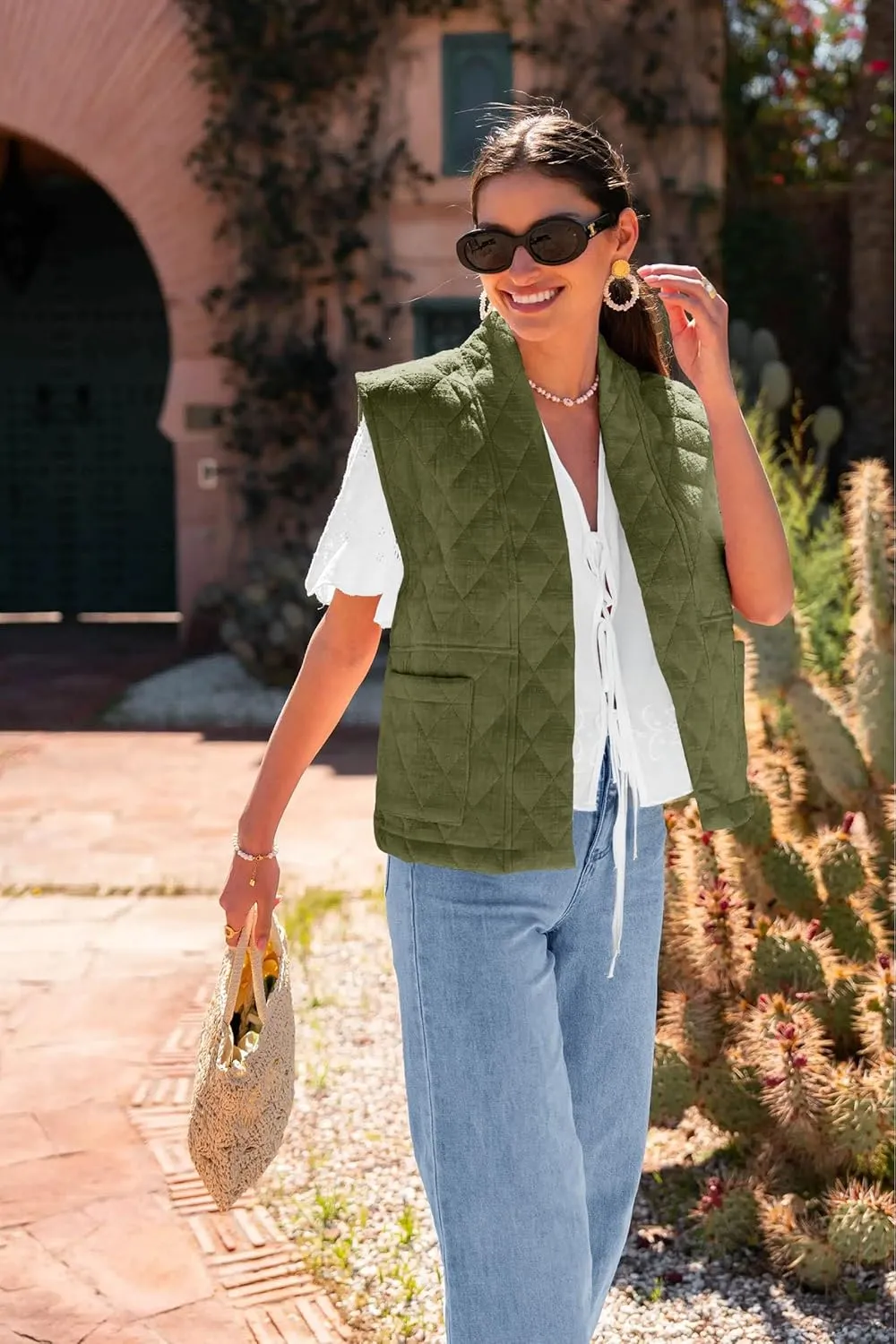 Tankaneo Womens Puffer Vest Sleeveless Open Front Quilted Jacket Lightweight Padded Gilet Coat with Pockets