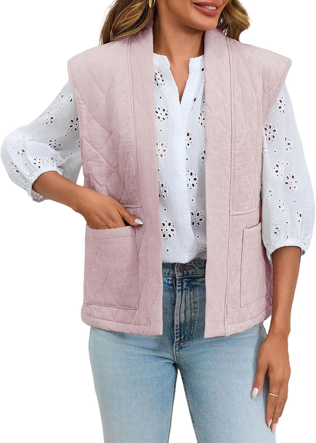 Tankaneo Womens Puffer Vest Sleeveless Open Front Quilted Jacket Lightweight Padded Gilet Coat with Pockets