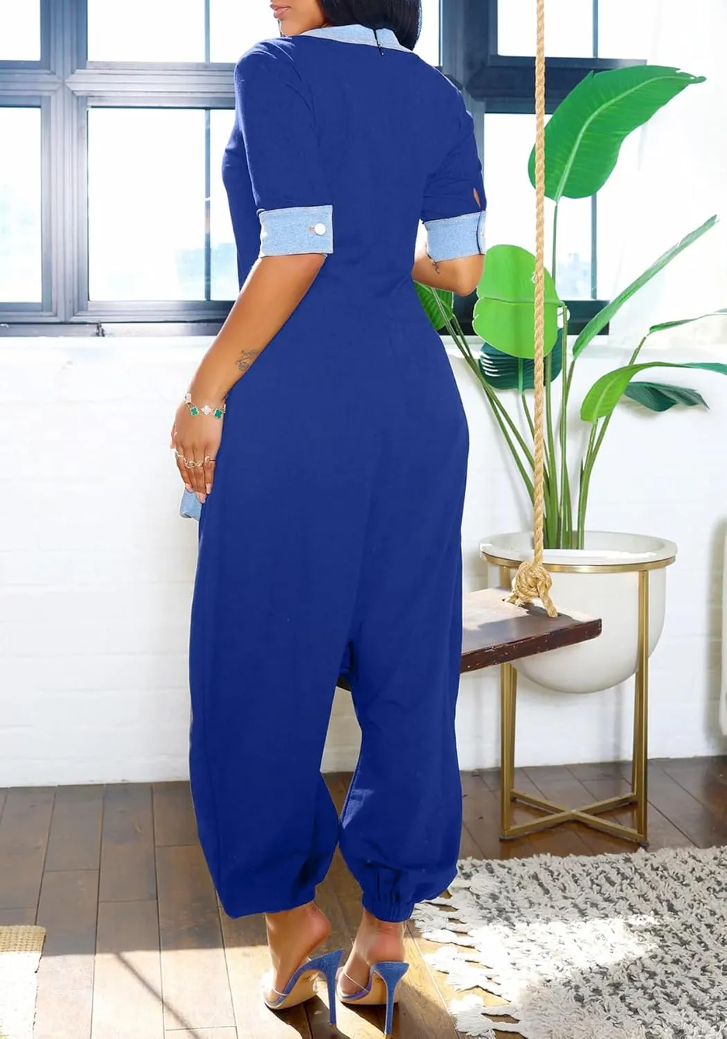 Tcremisa Womens Denim Patchwork Baggy Jumpsuits Casual V Neck Short Sleeve One Piece Jumpsuit Loose Romper