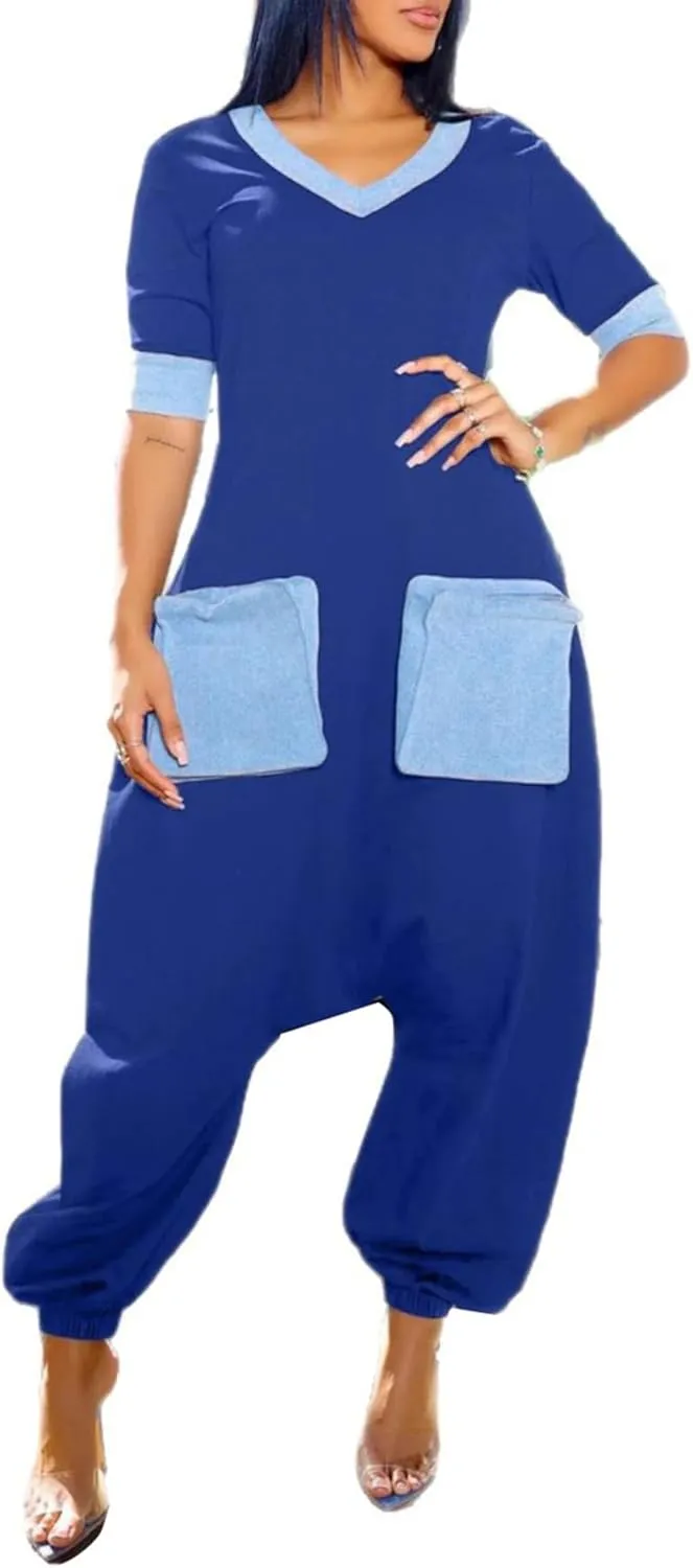 Tcremisa Womens Denim Patchwork Baggy Jumpsuits Casual V Neck Short Sleeve One Piece Jumpsuit Loose Romper