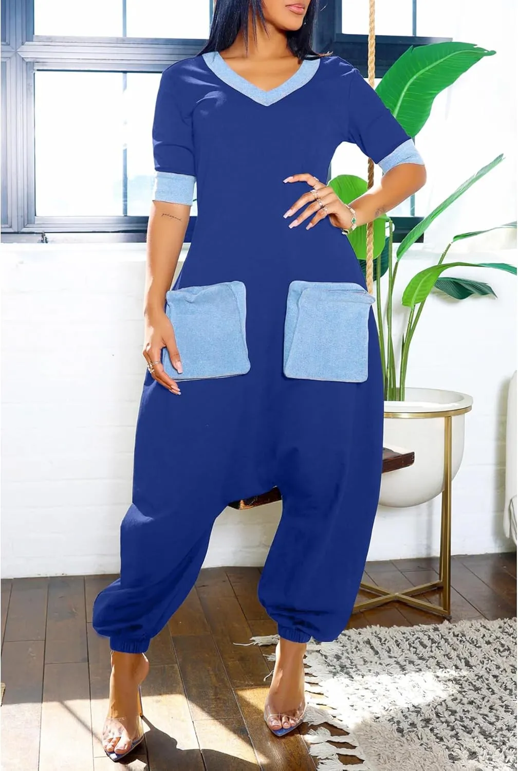 Tcremisa Womens Denim Patchwork Baggy Jumpsuits Casual V Neck Short Sleeve One Piece Jumpsuit Loose Romper