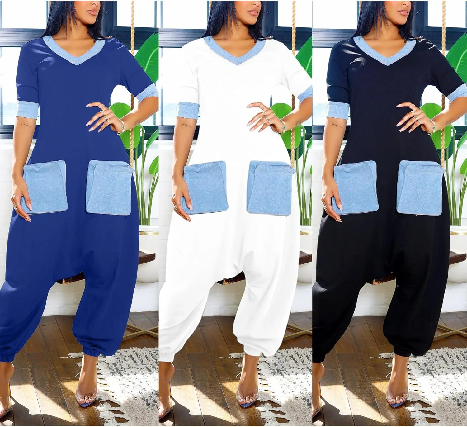 Tcremisa Womens Denim Patchwork Baggy Jumpsuits Casual V Neck Short Sleeve One Piece Jumpsuit Loose Romper