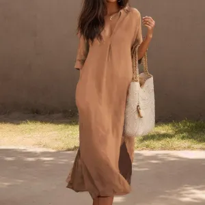 TIAFORD Women Casual Cotton Linen V Neck Maxi Dress Half Sleeve Slit Shift Beach Flowy Long Tunic Shirt Dress with Pocket