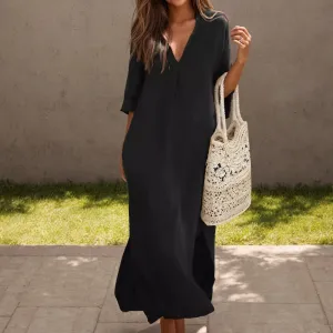 TIAFORD Women Casual Cotton Linen V Neck Maxi Dress Half Sleeve Slit Shift Beach Flowy Long Tunic Shirt Dress with Pocket