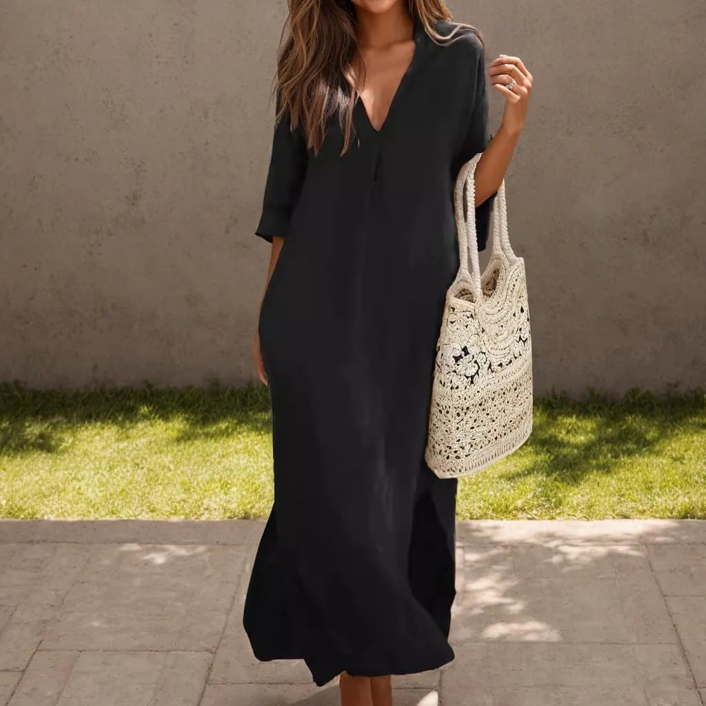 TIAFORD Women Casual Cotton Linen V Neck Maxi Dress Half Sleeve Slit Shift Beach Flowy Long Tunic Shirt Dress with Pocket