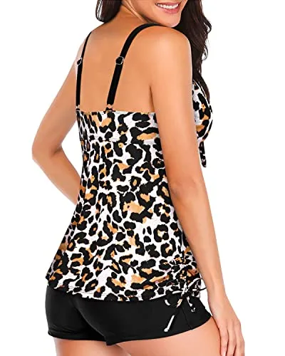 Tie Knot Two Piece Swimsuit Tankini Top With Shorts Bathing Suit Tummy Control-Black And Leopard