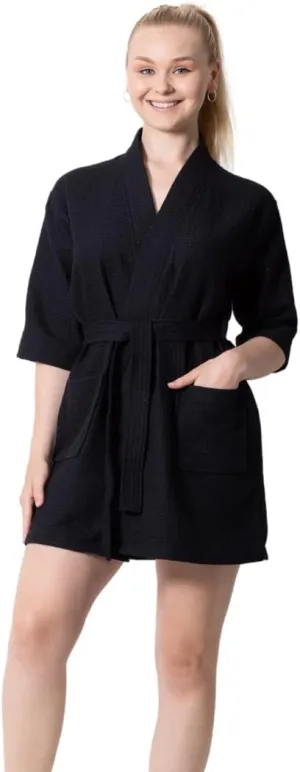 TOWELNROBE Premium Short Waffle Robe Cotton Polyester Blend, Waffle Square Weave Robe