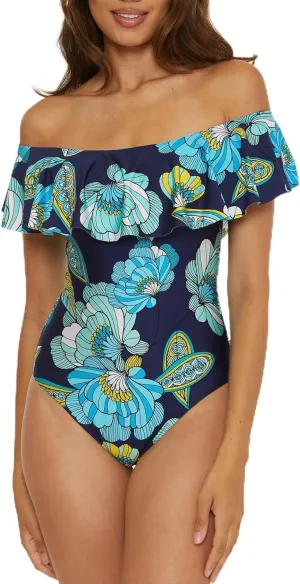 Trina Turk Women's Standard Pirouette Ruffle One Piece Swimsuit, Off Shoulder, Floral Print, Bathing Suits