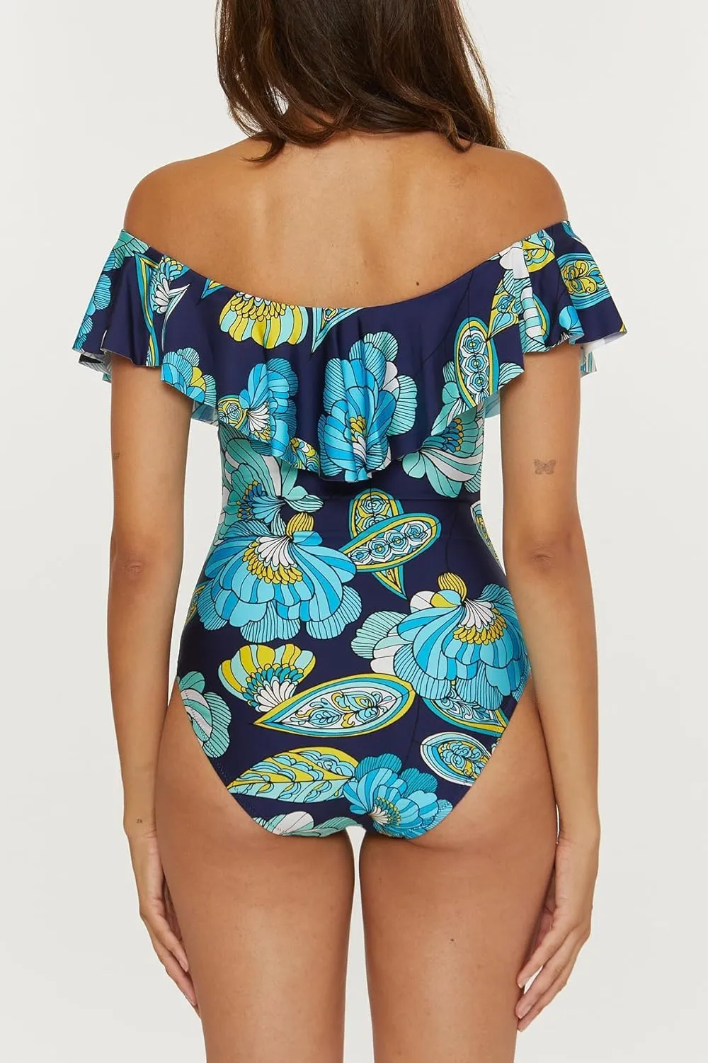 Trina Turk Women's Standard Pirouette Ruffle One Piece Swimsuit, Off Shoulder, Floral Print, Bathing Suits