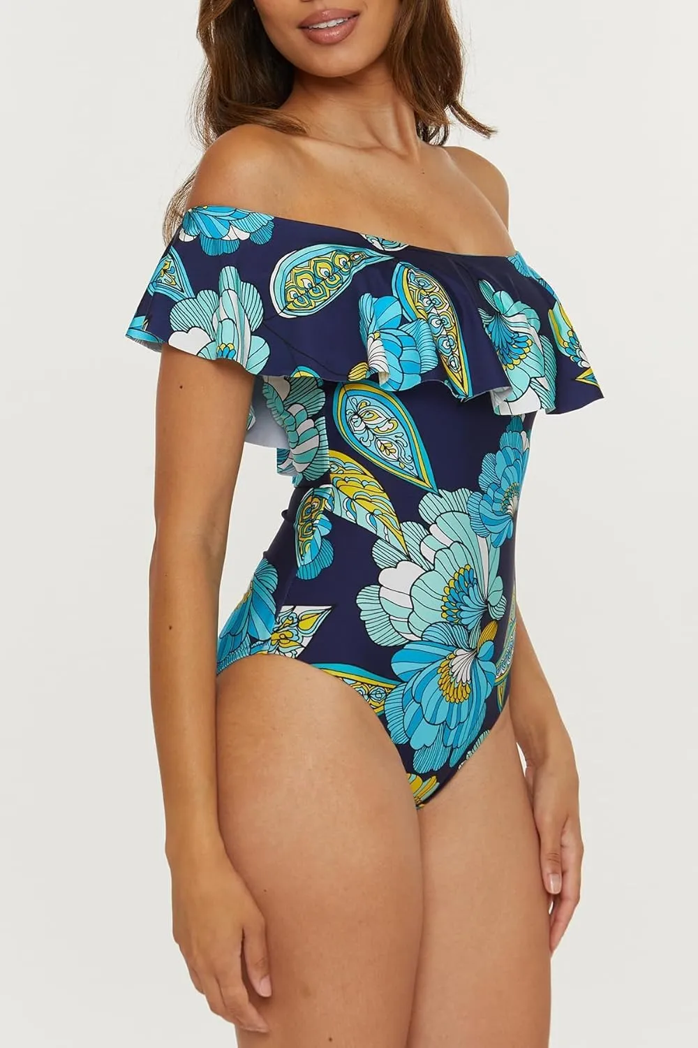 Trina Turk Women's Standard Pirouette Ruffle One Piece Swimsuit, Off Shoulder, Floral Print, Bathing Suits