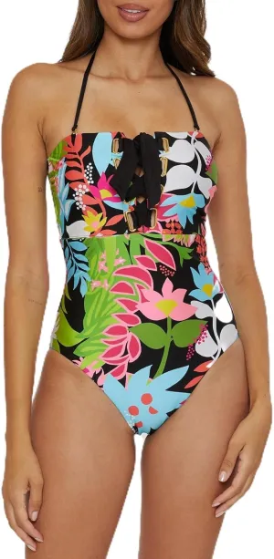 Trina Turk Women's Standard Tiki Bandeau One Piece Swimsuit, Floral Print, Adjustable, Tie Back, Bathing Suits