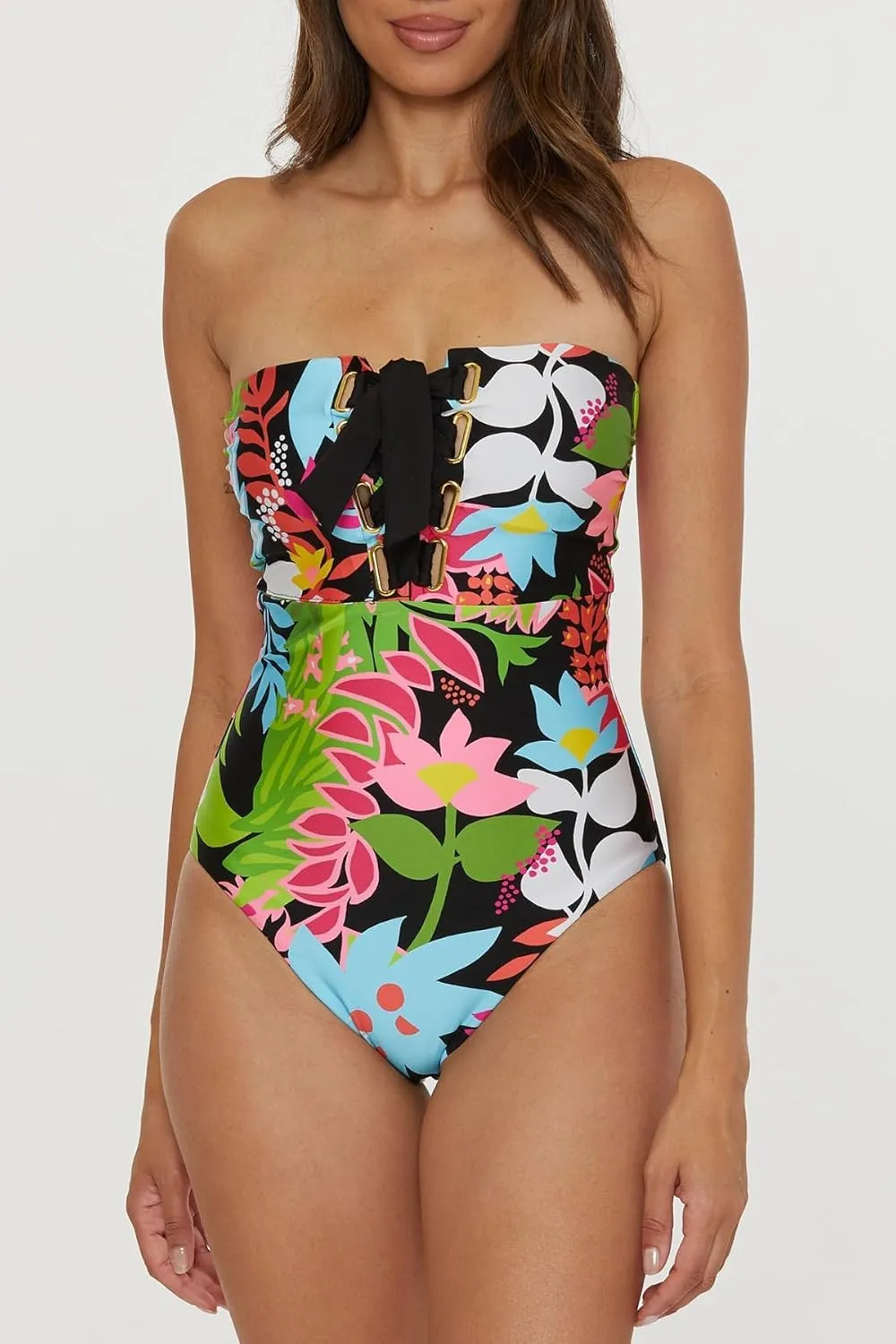 Trina Turk Women's Standard Tiki Bandeau One Piece Swimsuit, Floral Print, Adjustable, Tie Back, Bathing Suits