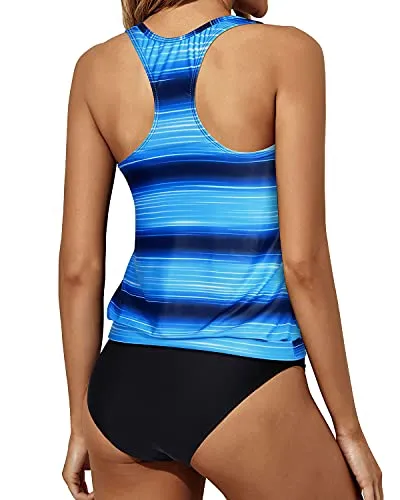Tummy Control Tankini Bathing Suits Blouson Tank Tops And Bikini Bottoms-Blue And Black Stripe