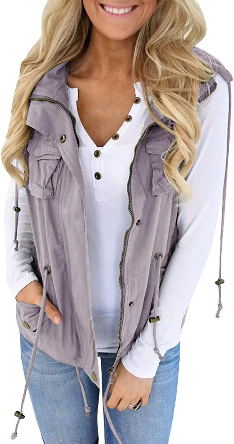 Tutorutor Womens Military Safari Camo Vest Utility Lightweight Sleeveless Hooded Drawstring Jackets with Pockets