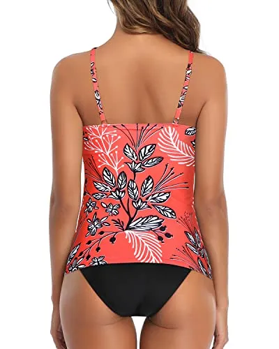 Two Piece High Neck Swim Tankini Top With Bikini Bottom-Red Floral