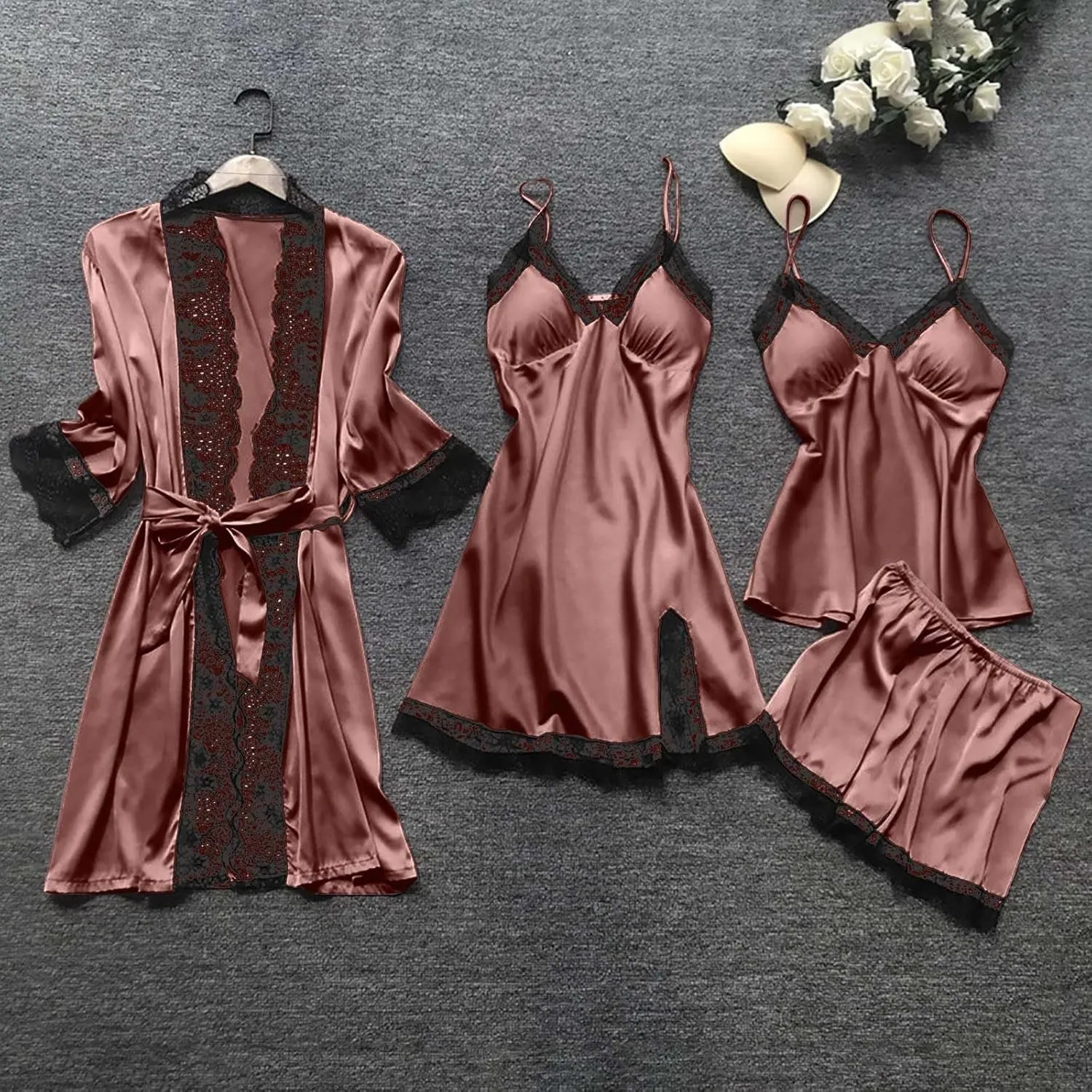 Uillui 4Pcs Womens Satin Silky Pajama Sets Sexy Lingerie Lace Cami Set Soft PJ Loungewear Robe Sleepshirts Shorts Nightgowns