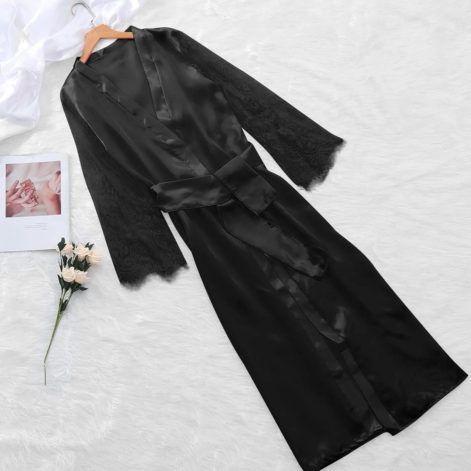 Uillui Lace Silk Robes for Women Long Sexy Satin Kimono Robe Bridesmaids Wedding Party Lingerie Robe Loungewear Sleepwear