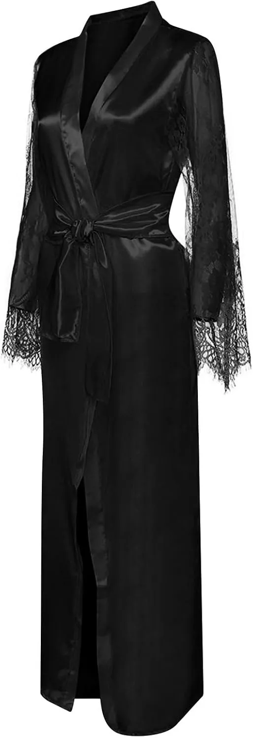 Uillui Lace Silk Robes for Women Long Sexy Satin Kimono Robe Bridesmaids Wedding Party Lingerie Robe Loungewear Sleepwear