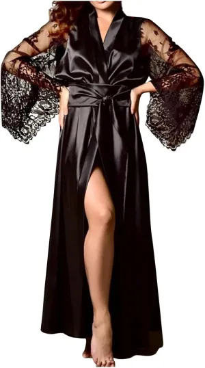 Uillui Lace Silk Robes for Women Long Sexy Satin Kimono Robe Bridesmaids Wedding Party Lingerie Robe Loungewear Sleepwear