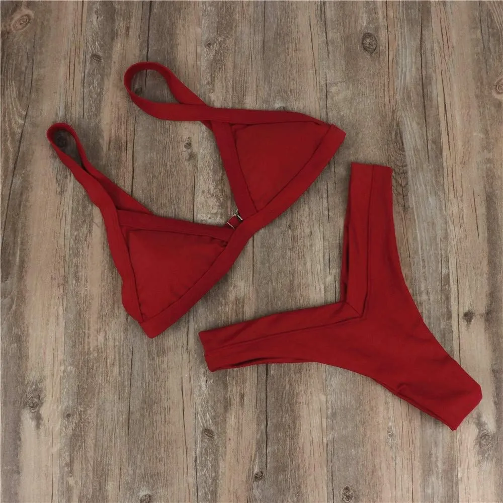 Uillui Women Two Piece Thong Bikini Set Sexy Triangle String Swimsuit Cheeky High Waist V Cut Brazilian Bikini Bathing Suits