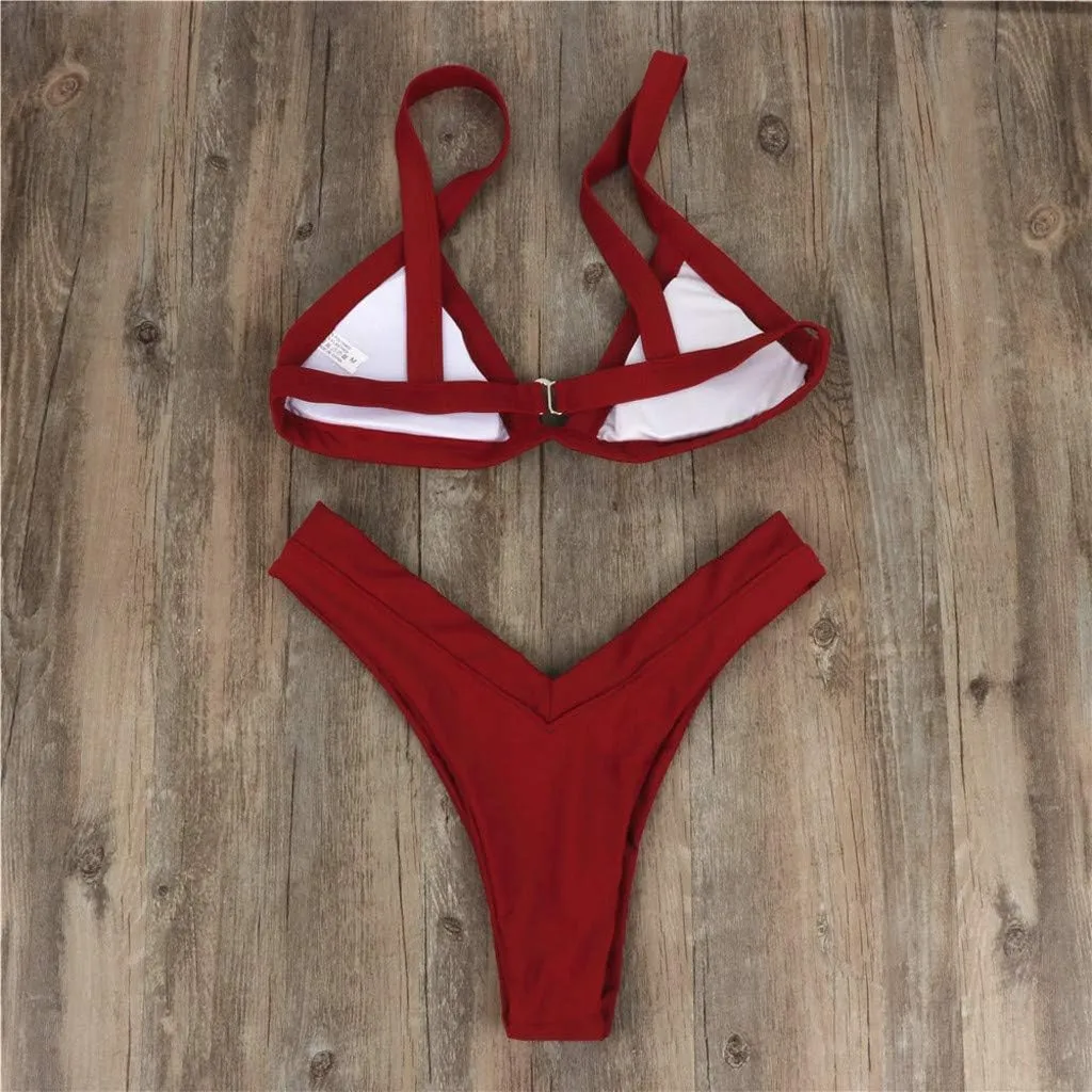 Uillui Women Two Piece Thong Bikini Set Sexy Triangle String Swimsuit Cheeky High Waist V Cut Brazilian Bikini Bathing Suits